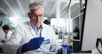 Buy stock photo Mature man, scientist or vial with research for medical discovery, development or new study at lab. Male person, health worker or science with gloves or technology for chemistry, exam or test results