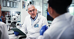 Mature man, scientist or discussion with tablet for medical research, meeting or discovery at laboratory. Male person, science team or group with technology for forensic study, information or results