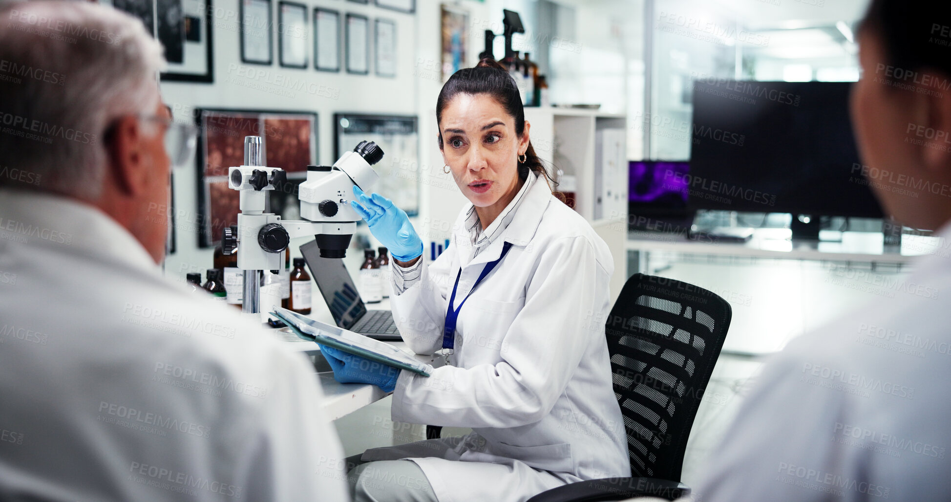 Buy stock photo Research, people and woman with tablet, feedback and meeting for experiment results. Healthcare, employees and scientists in laboratory, tech and app for vaccine development, testing or conversation