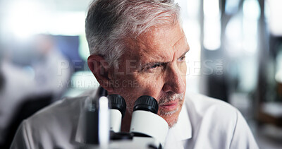 Buy stock photo Mature, man and microscope with thinking for science experiment, study or investigation for medical innovation. Research, ideas or scientist with problem solving, solution and future development