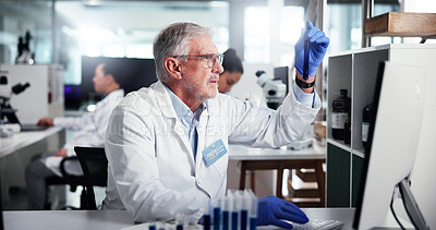 Buy stock photo Mature man, scientist and vial with sample for medical research, discovery or test results at laboratory. Male person, science or exam with chemical compound for scientific information or new study