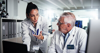 Buy stock photo Teamwork, scientist and collaboration with mentor in laboratory for healthcare, medical research or test results. Man, woman and study with biologist in clinical trial for pharmaceutical development