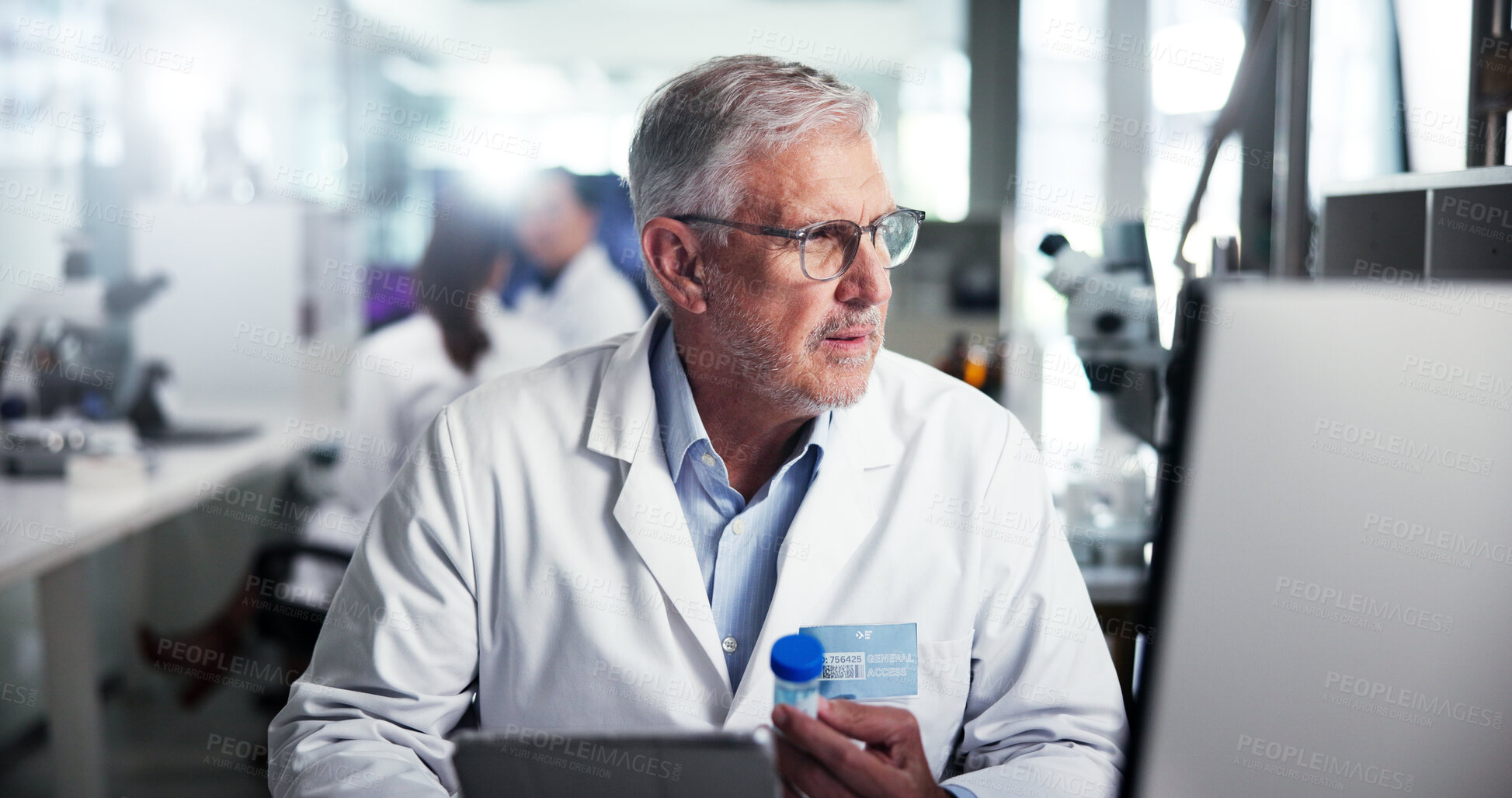 Buy stock photo Man, scientist and tablet with pills at computer for pharmaceutical innovation, medication and check results. Study, investigation and mature doctor with online medicine info for medical research