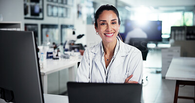 Buy stock photo Computer, scientist and portrait with woman in laboratory for healthcare, medical research or arms crossed. Tech, smile and study with mature biologist in clinical trial for pharmaceutical confidence