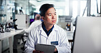 Computer, scientist and thinking with man, tablet and healthcare for medical research or test results. Tech, laboratory and thinking with biologist in clinical trial for pharmaceutical development
