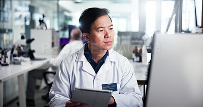Buy stock photo Computer, scientist and thinking with man, tablet and healthcare for medical research or test results. Tech, laboratory and analysis with biologist in clinical trial for pharmaceutical development