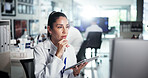 Computer, scientist and thinking with woman with tablet for healthcare, medical research or test result. Tech, laboratory or study with biologist in clinical trial for pharmaceutical development