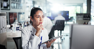 Buy stock photo Computer, scientist and thinking with woman with tablet for healthcare, medical research or test result. Tech, laboratory or study with biologist in clinical trial for pharmaceutical development
