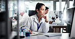 Woman, scientist and thinking with book for medical research, exam or test results at lab. Female person, science or notebook with thought or wonder for scientific trial, experiment or new study