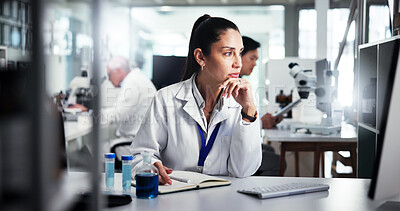 Buy stock photo Woman, scientist and thinking with book for medical research, exam or test results at lab. Female person, science or notebook with thought or wonder for scientific trial, experiment or new study