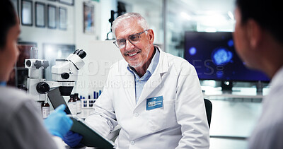Buy stock photo Mature, scientist and people with team in laboratory, feedback or review with tablet for medical innovation or research collaboration. Doctor, group and biotechnology study discussion for science