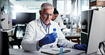 Mature man, scientist or vial with computer for medical research, discovery or experiment at lab. Male person, health worker or science with gloves or sample for chemistry, exam or test results