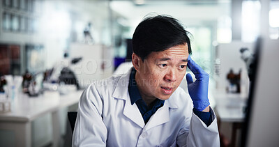 Buy stock photo Frustrated man, scientist and headache with stress for mistake, scientific error or fail at laboratory. Male person, science or pain with migraine for bad experiment, chemistry trial or poor results
