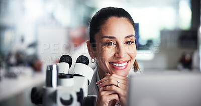 Buy stock photo Computer, scientist and smile with woman with microscope for healthcare, medical research or test results. Tech, thinking or biologist breakthrough in clinical trial for pharmaceutical development