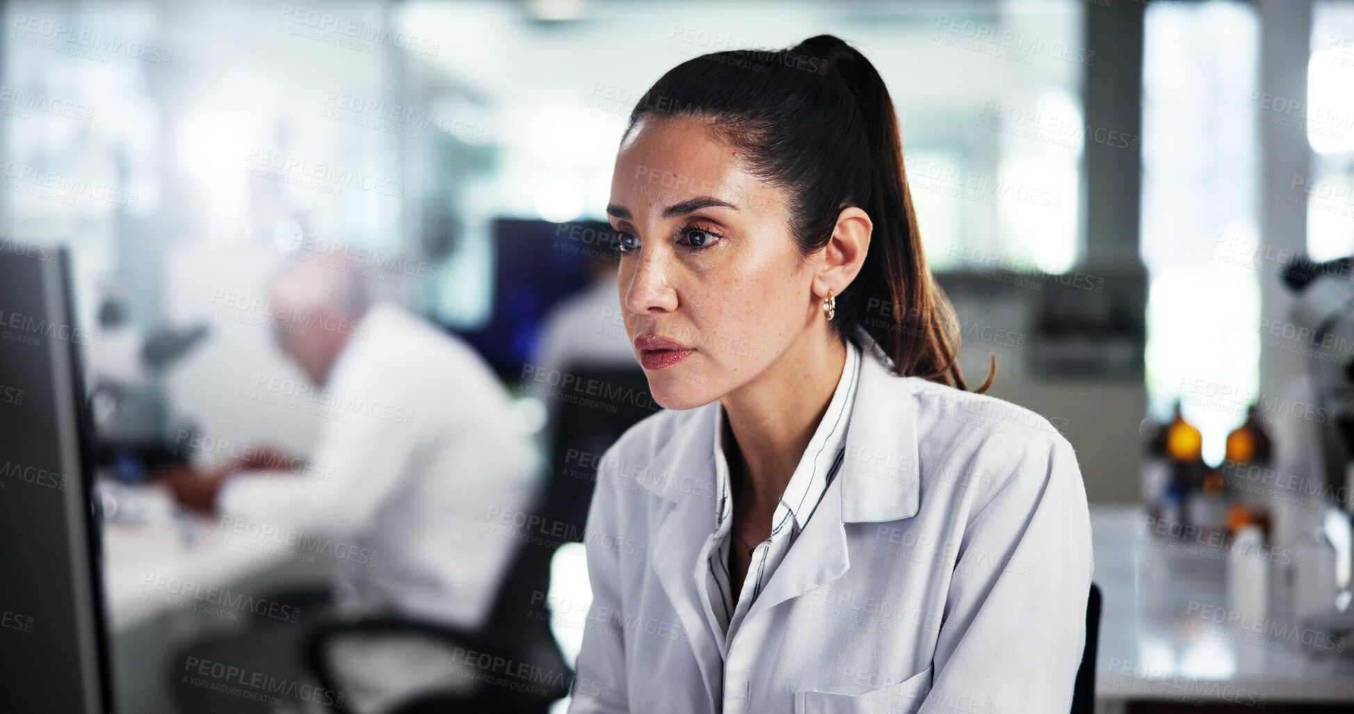 Buy stock photo Computer, scientist and reading with woman in laboratory for healthcare, medical research or innovation. Technology, analysis or study with biologist in clinical trial for pharmaceutical development