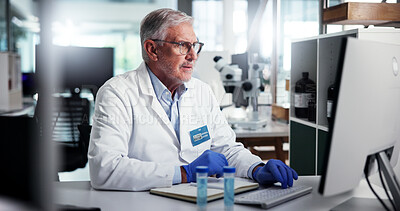 Buy stock photo Mature man, scientist or computer with samples for medical research, discovery or new study at lab. Male person, health worker or science with gloves or technology for chemistry, exam or test results