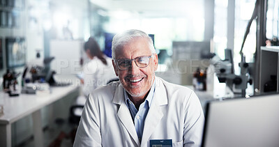 Buy stock photo Portrait, mature man and happy scientist in laboratory for research, chemistry and pharma development. Medical science, smile and professional with glasses on computer for biotechnology innovation