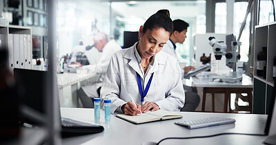 Buy stock photo Woman, scientist and writing with book for medical research, discovery or data at laboratory. Female person, science and taking notes with exam, tests or samples for scientific experiment or results