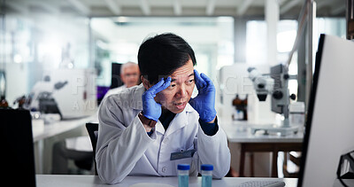 Buy stock photo Man, scientist or computer in laboratory for mistake or scientific error or research fail. Person, science or frustrated with headache or stress for bad experiment, chemistry trial or medical results