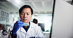Man, scientist or reading with sample for experiment, medical research or test results at laboratory. Male person, science or information with technology for scientific trial, exam or chemistry