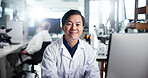 Computer, scientist and smile with man, portrait and healthcare for medical research or test results. Tech, laboratory and study with biologist in clinical trial for pharmaceutical development