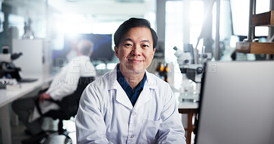 Buy stock photo Computer, scientist and smile with man, portrait and healthcare for medical research or test results. Tech, laboratory and study with biologist in clinical trial for pharmaceutical development