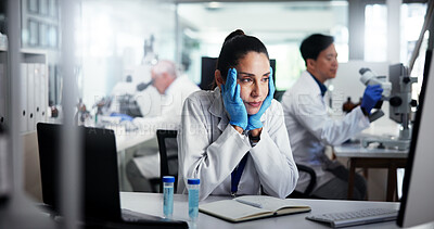 Buy stock photo Lab, scientist and woman with stress, computer and disappointment for failed experiment and reading. Healthcare, medical professional and mature person with anxiety, research and funding challenge