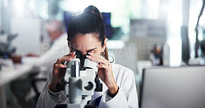 Buy stock photo Woman, discovery or forensic scientist with microscope for bio research, new study or experiment. Female person, medical worker or employee with lens, micro organism or scientific breakthrough at lab