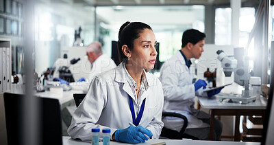 Buy stock photo Research, science and woman in lab, computer and healthcare with medical experiment. People, employee and expert in workplace, pc or biotechnology with scientists, email for results or vaccine report