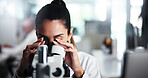 Woman, scientist or forensic research with microscope for bio discovery, new study or experiment. Female person, medical worker or employee with lens, micro organism or scientific breakthrough at lab