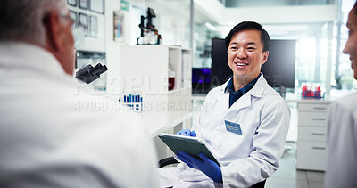Buy stock photo Research, people and man with tablet, science and meeting for experiment results. Group, employees and scientists in laboratory, tech and app for vaccine development, testing and feedback for project