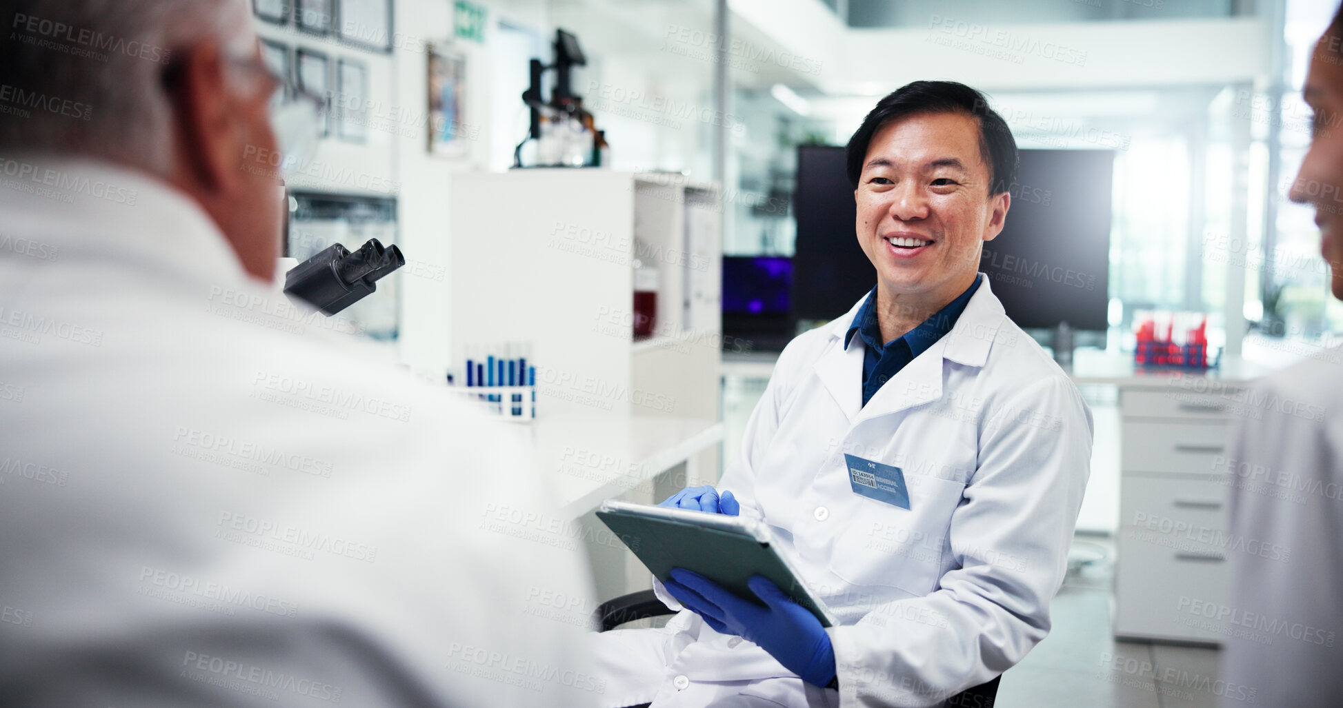 Buy stock photo Research, people and man with tablet, science and meeting for experiment results. Group, employees and scientists in laboratory, tech and app for vaccine development, testing and feedback for project