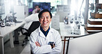 Computer, scientist and portrait with man in laboratory for healthcare, medical research or innovation. Tech, arms crossed and study with biologist in clinical trial for pharmaceutical development