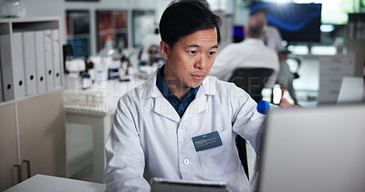 Buy stock photo Computer, scientist and thinking with man in laboratory for healthcare, medical research or test results. Technology, tablet and study with biologist in clinical trial for pharmaceutical development