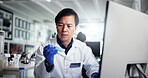 Man, scientist or research with sample for experiment, medical trial or test results at laboratory. Male person, science or information with technology for new study, scientific exam or chemistry