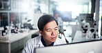 Computer, scientist and thinking with man for healthcare, medical research or test results in laboratory. Technology, report and study with biologist in clinical trial for pharmaceutical development
