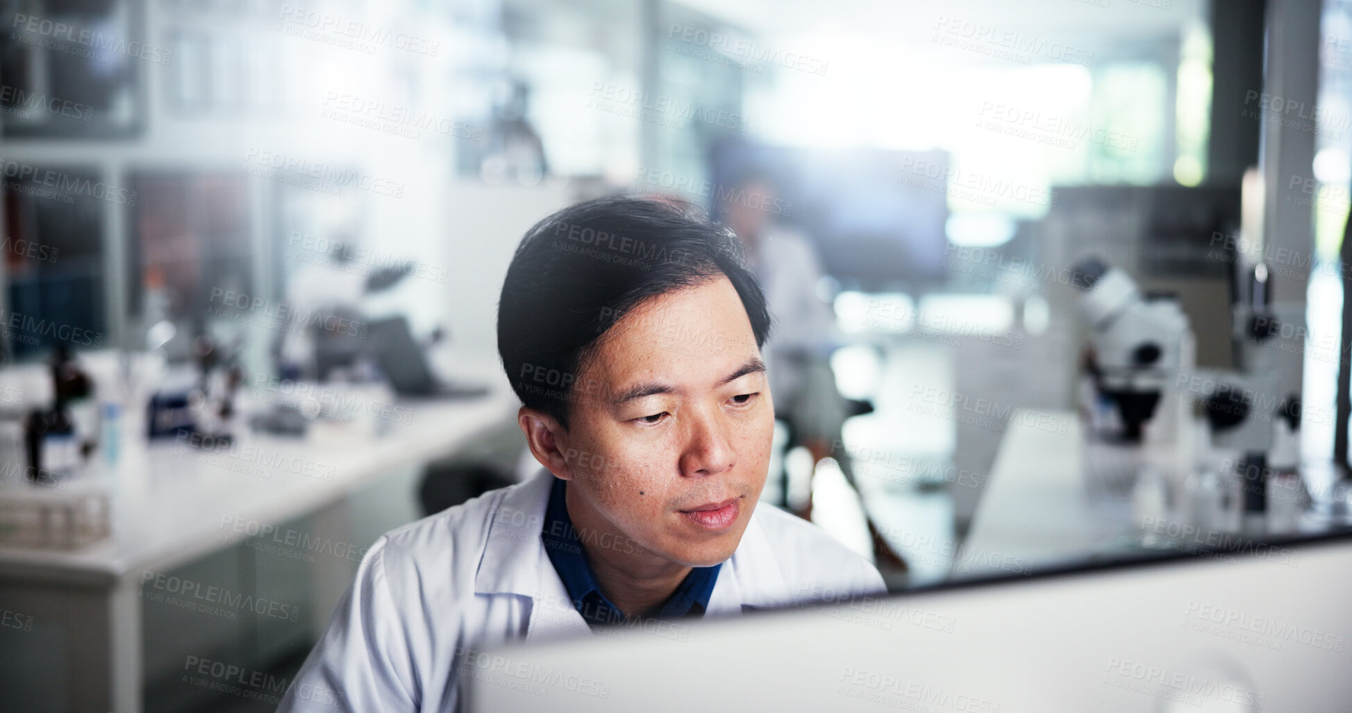 Buy stock photo Computer, scientist and thinking with man for healthcare, medical research or test results in laboratory. Technology, report and study with biologist in clinical trial for pharmaceutical development