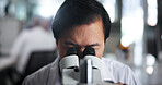 Man, research or scientist with microscope for forensic study or new discovery at laboratory. Male person, medical worker or inspect with lens for micro organism, scientific breakthrough or chemistry