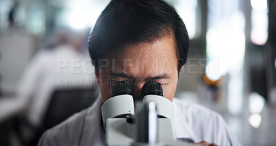 Buy stock photo Man, research or scientist with microscope for forensic study or new discovery at laboratory. Male person, medical worker or inspect with lens for micro organism, scientific breakthrough or chemistry