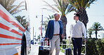 Businessmen, walking and bus with suitcase for travel, business opportunity or career journey in city. Men, tourist or employees with luggage for public transport or local commute in an urban town