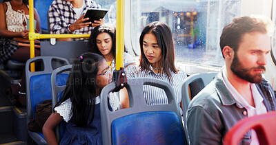 Buy stock photo Travel, talking and mother with child on bus for morning commuting, journey or trip together. Conversation, bonding and mom with girl kid on public transportation for exploring on holiday break.