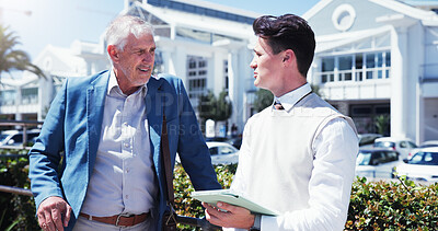 Buy stock photo Businessmen, travel and destination with tablet in city for career guide, job opportunity or app. Men, direction and assistant with technology for business commute, arrangement or trip accommodation