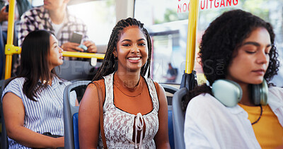 Buy stock photo Portrait, girl and happy with travel on bus for morning commute, urban ride and journey to destination. Person, passenger and trip on public transport for routine route, metro service and tourism