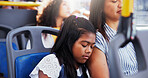 Girl, mom and sleeping in bus, travel and rest on journey with care, bonding and family with love on road trip. Child, mother and daughter with nap, tired and exhausted with public transportation