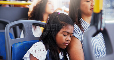 Buy stock photo Girl, mom and sleeping in bus, travel and rest on journey with care, bonding and family with love on road trip. Child, mother and daughter with nap, tired and exhausted with public transportation