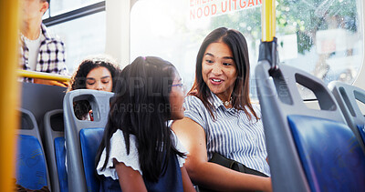 Buy stock photo Travel, talking and mother with kid on bus for morning commuting, journey or trip together. Conversation, bonding and mom with girl child on public transportation for exploring on holiday break.