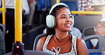 Headphones, thinking and woman on bus for travel with ideas for university application in city. Happy, audio tech and female student on public transport listening to music with planning for college.