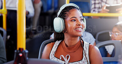 Buy stock photo Headphones, thinking and woman on bus for travel with ideas for university application in city. Happy, audio tech and female student on public transport listening to music with planning for college.