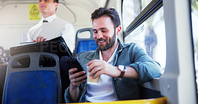 Buy stock photo Happy, man and travel on bus with phone for social media scroll, morning commute or streaming service. Passenger, ride or coffee with smartphone on public transport for journey or reading online news
