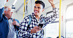 Happy man, student and bus with phone for public transport, travel app or local commute in city. Male person, smile and tourism with mobile smartphone in vehicle for road trip, journey or destination